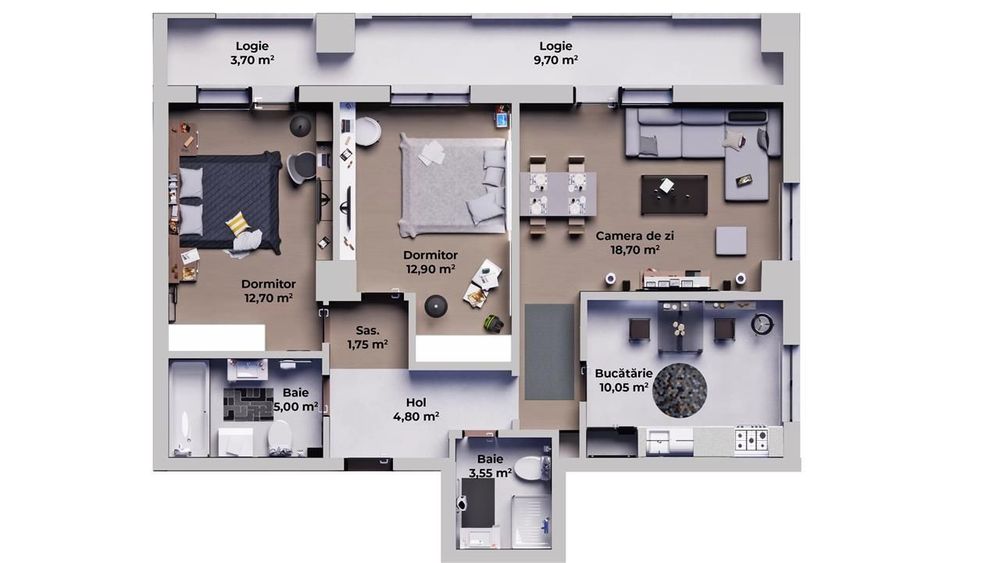 Apartament 3 camere de vânzare – 69,45 mp utili – logie 13,4 mp