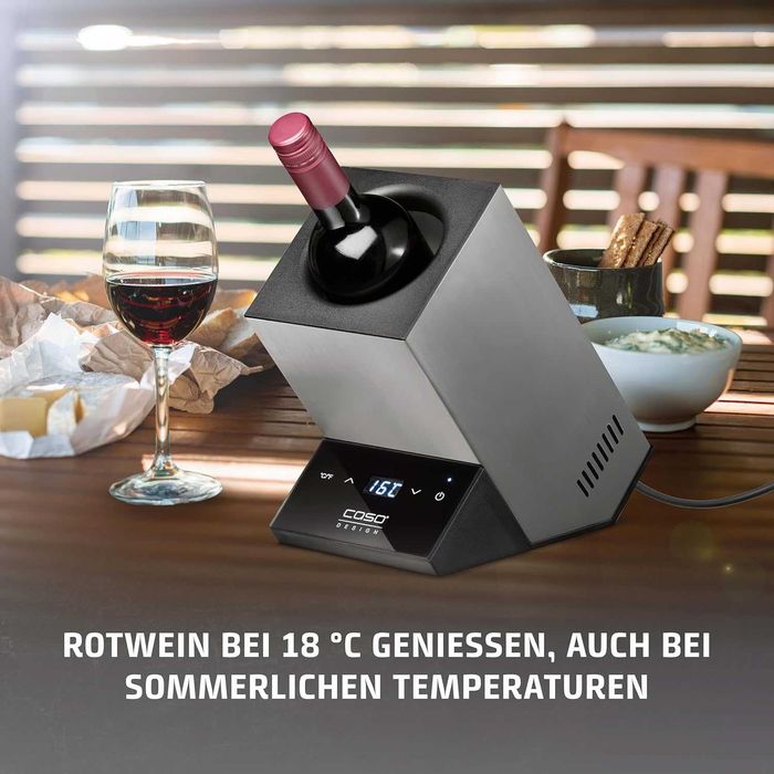 Охладител за вино CASO WineCase One Inox Design за една бутилка, температурен диапазон от 5-18°C, за бутилки с диаметър до 9 см, сензорно управление