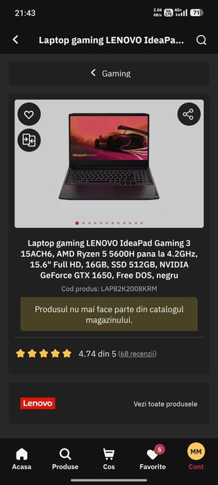 Laptop LENOVO  15ACH6, AMD Ryzen 5, 16GB, SSD 512GB, NVIDIA GTX 1650
