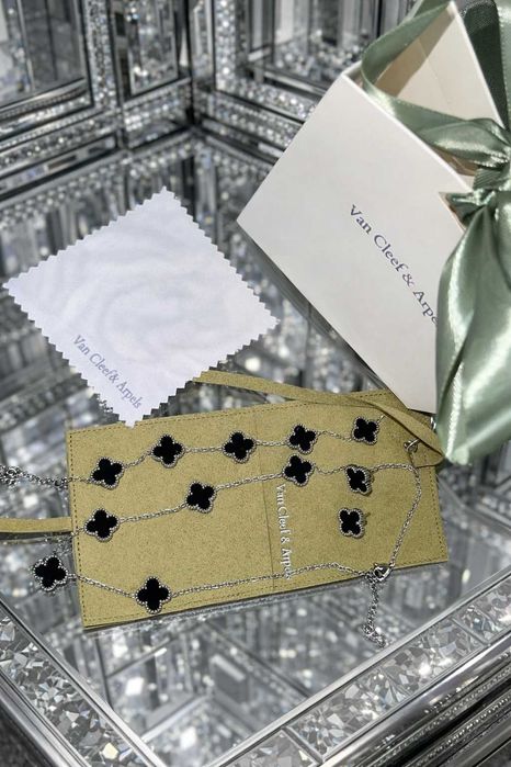ван клиф сет бижута сребърни с черна детелина комплект van cleef колие