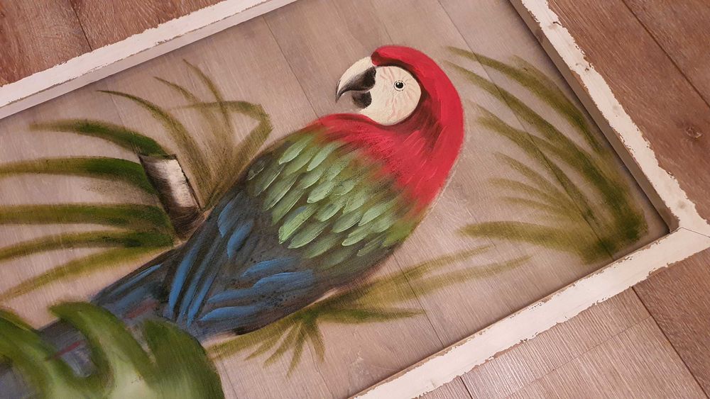 Голяма картина папагал, масло, дървена състарена рамка– 120см/ 60см