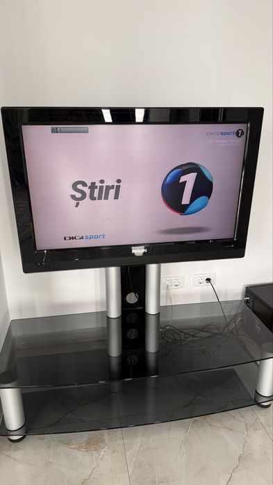 Masa tv living sticla cu suport tv + televizor Philips 100cm