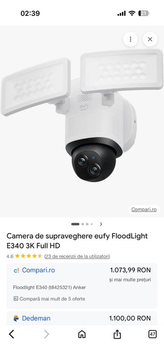 Camera de supraveghere eufy FloodLight E340, 3K Full HD, Wi-Fi 6 Noua