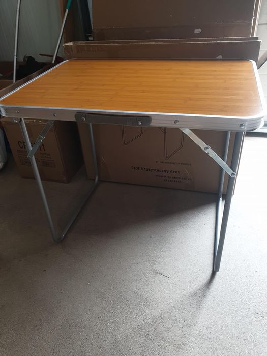 Masă camping,aluminiu/MDF, Pliabila, 70x50cm, Maro/Argintiu