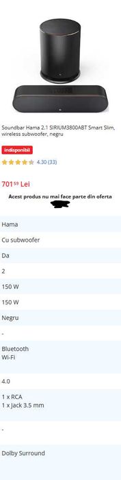 Soundbar Hama 2.1 SIRIUM3800ABT Smart Slim, wireless subwoofer