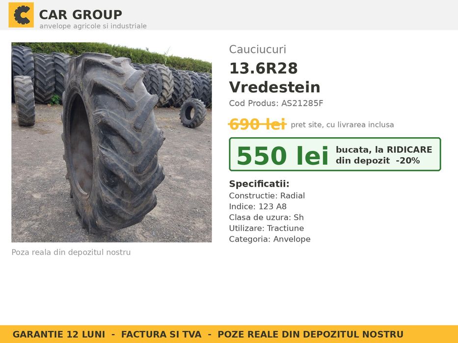 Anvelope Cauciucuri 13.6R28 13.6 R28 13.6-28 340/85R28 13628 Vredestein Tractor Punte Spate Utilaje Agricole SH Second Hand GARANTIE Garantie 1 An