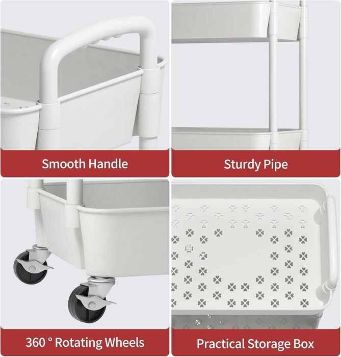 3-етажна помощна количка с колела – бяла, многофункционална