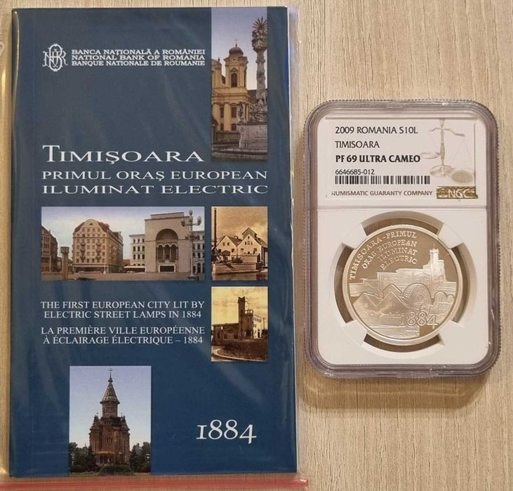Moneda BNR 10 lei argint Timisoara primul oras... gradata NGC PF 69 UC