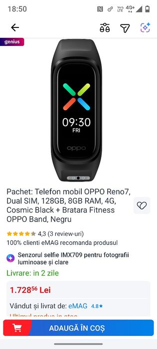 Telefon mobil OPPO Reno7, Dual SIM, 128GB, 8GB RAM, 4G, Cosmic Black + Bratara Fitness OPPO Band, Negru, noi garantie 2 ani