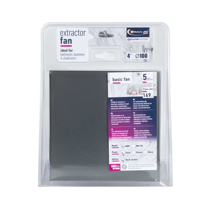 Вентилатор за баня дизайнерско стъкло асфалт клапа турбо дебит 169м3/ч