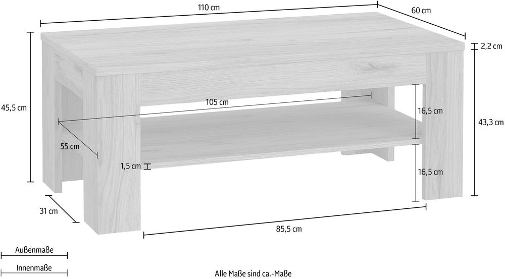 Masuta de cafea Forte, cu raft, aspect lemn, 110 cm