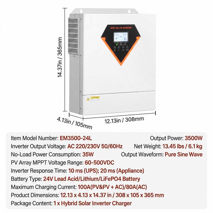Invertor solar hibrid 3500W, 24V DC la 220/230V AC, controler MPPT 100A, sinus pur, monitorizare WiFi