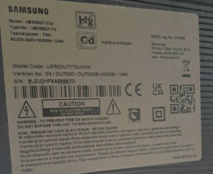 Продавам Samsung UE50DU7172U — за части / ремонт