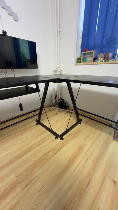 Birou în formă de L, negru, tip gaming/office
