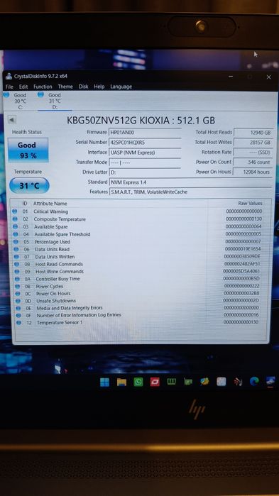 SSD M2 NVME 512gb Kioxia gen4 93%life