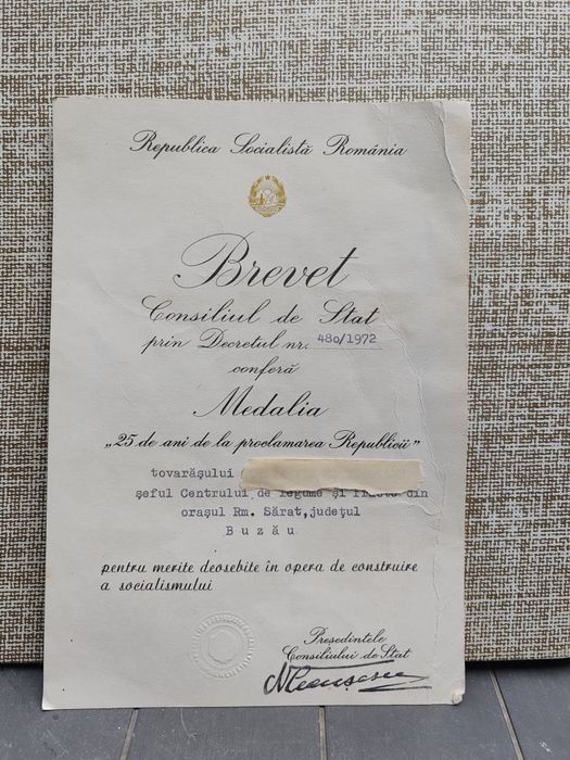 Brevet original RSR 1972 – Medalia „25 de ani de la proclamarea Republ