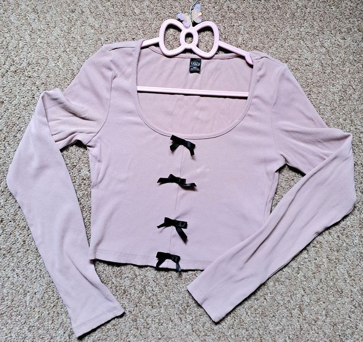Bluza roz cu fundițe bumbac bluza fete cu mânecă lungă