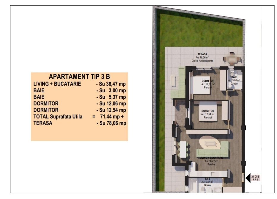 Apartament 3 camera decomandat cu curte proprie de 80 mp.