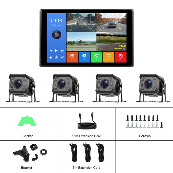 10.1” 4K Монитор с 4 Камери за Камион Бус паркиране Автомобил DVR Парктроник заден ход Нощно Виждане с четири камери