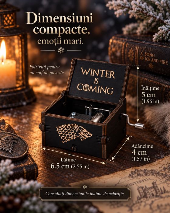 Cutiuță Muzicală Game of Thrones „Winter Is Coming” cu Manivelă – Cadou de Colecție 14+