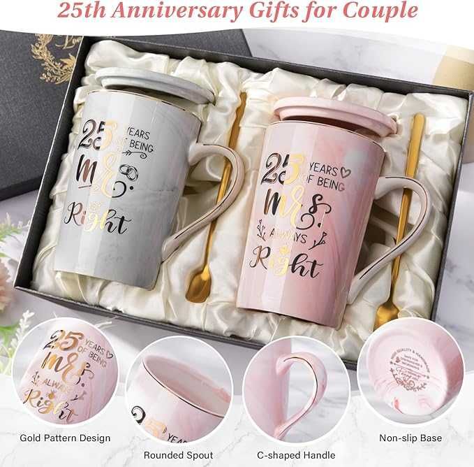 Комплект чаши за кафе за 25-та годишнина от сватбата, Mr Right & Mrs Always Right, 2 броя с капачки и лъжички, 400 мл, в елегантна подаръчна кутия