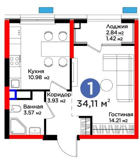 1 комн.- 34м² | Скидка 10% |Ипотека| 6,9 млн/мес,| метро рядом | (XS)