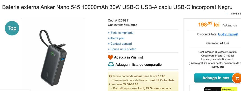 Acumulator Anker nano fast charge 30W 10.000 mAh - SIGILATA