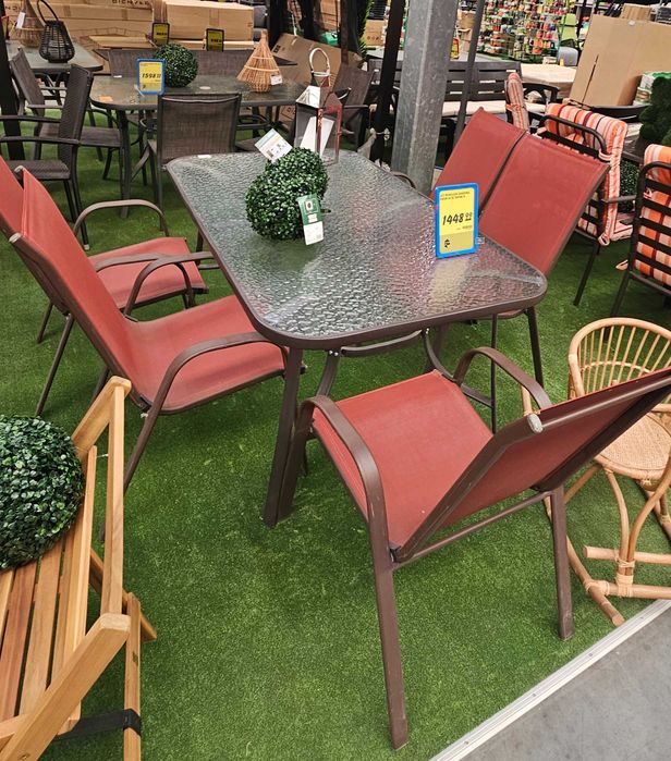Set terasa / mobilier gradina cu masa fixa, dreptunghiulara, 6 scaune, pentru exterior, metal si textilen, rosu