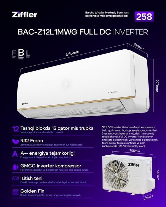 Kondisioner Ziffler 12 BTU Full DC Inverter 30,35 kv.m