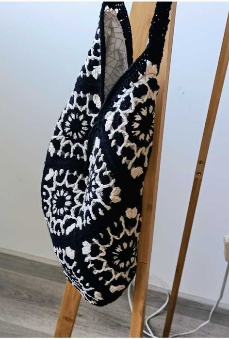 Geantă handmade alb-negru din bumbac | Unicat