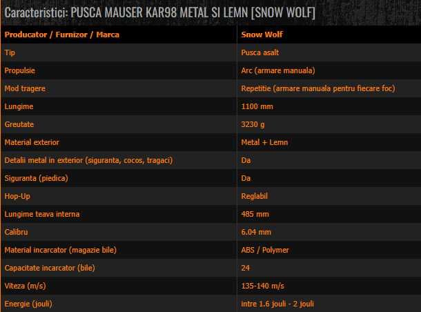 Pusca airsoft Mauser KAR 98K LEMN