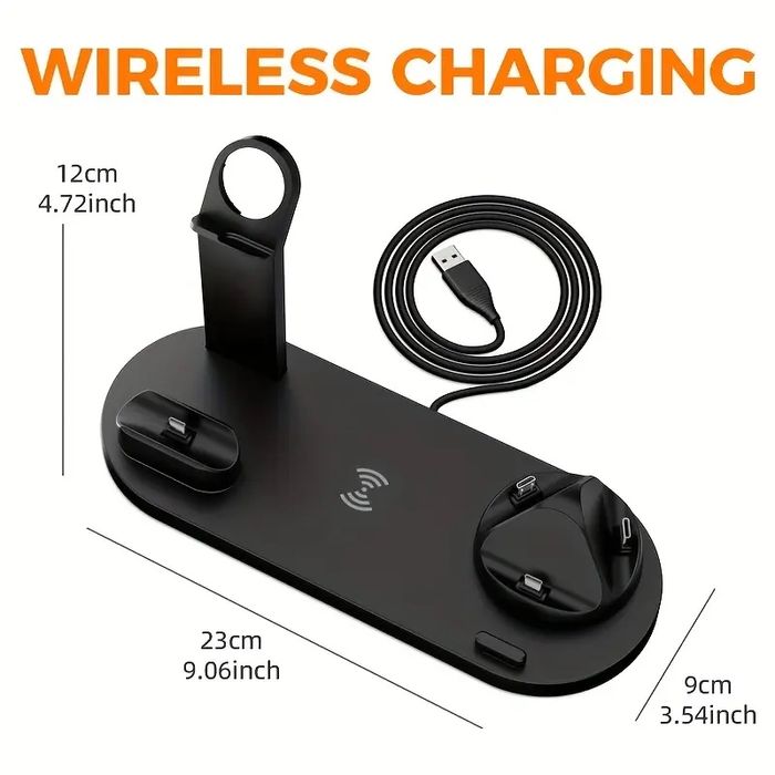 Statie de incărcare wireless 4 în 1, negru, 15 W, pentru telefon, ceas inteligent și căști.