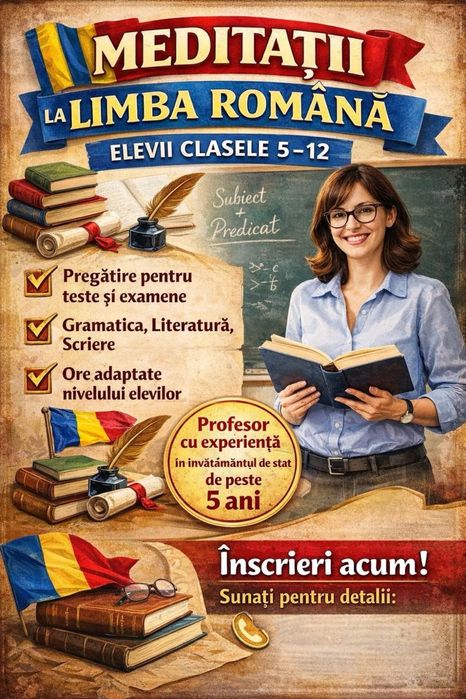 Meditații la Limba și literatura română | Clasele I–XII | Profesor cu experiență