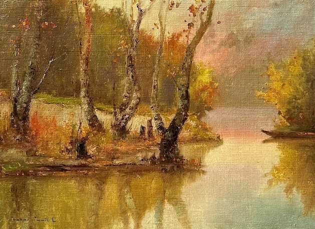 ”MESTECENI PE LAC” Tablou f VECHI, ulei/pz sac, mare 80x60cm+R, semnat