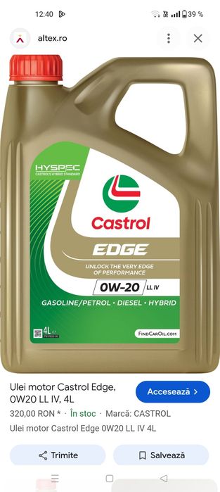 Ulei motor Castrol Edge, 0W20 LL IV, 4L
