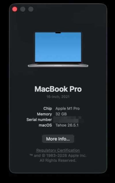 Macbook Pro 16 M1 Pro 512GB SSD, 32GB Ram