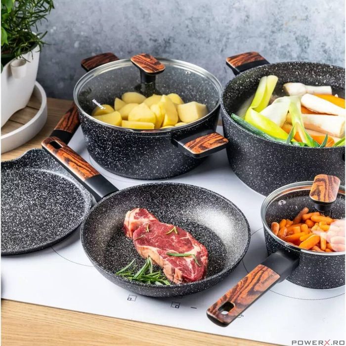 Set oale si tigai, 12 bucati, acoperit antiaderent, negru cu manere