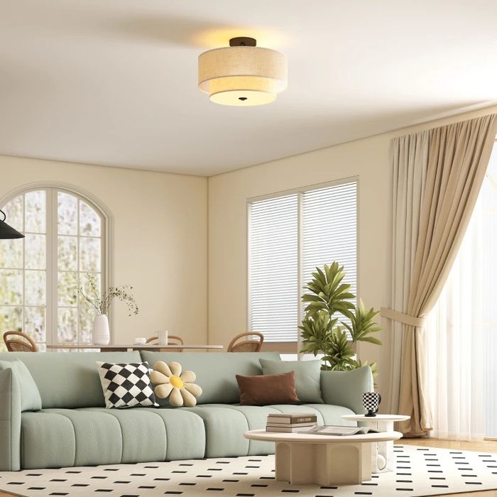 Висяща лампа HOMCOM с двоен ленен абажур, кремава