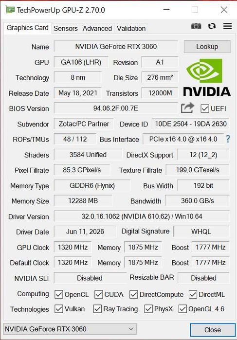 ZOTAC GAMING GeForce RTX 3060 Twin Edge 12GB GDDR6