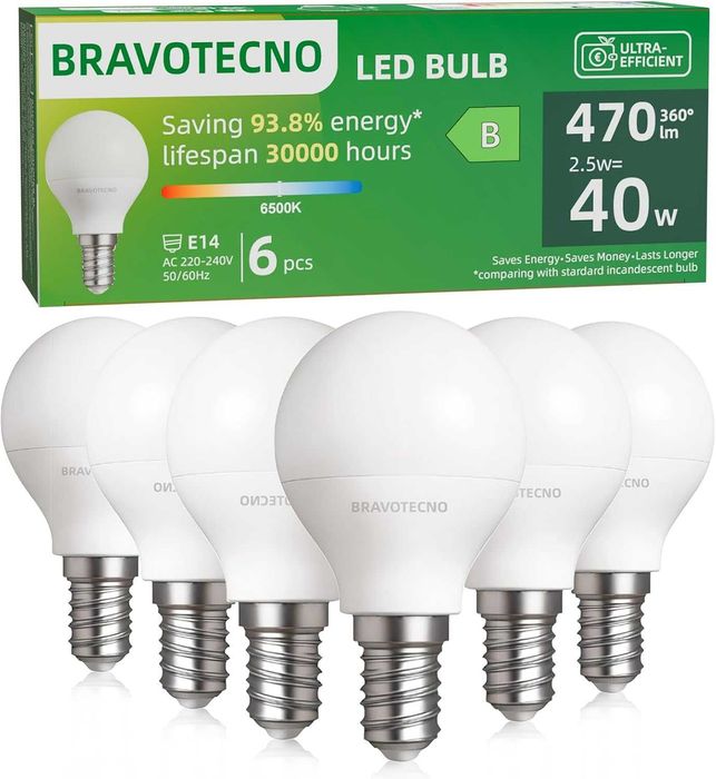 LED крушка E14, енергиен клас B, LED E14 студено бяла 6500K, 2.5W 470LM G45, еквивалентна на 40W