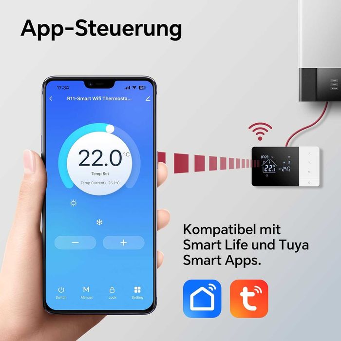 Termostat Beok BOT-W506-W/B-WIFI centrală termică gaz,wireless încălzire,WiFi cu suport pentru control vocal (Alexa),programat individual fiecare zi
