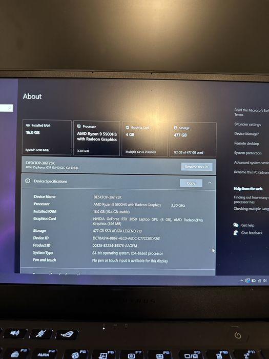 Laptop Gaming ASUS ROG Zephyrus G14 RYZEN 9 3050 16 RAM