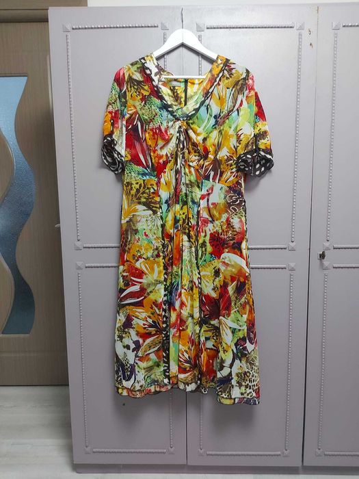 Rochie voal, lungă, florală, multicoloră, Gelco, mărimea 48 (XL/XXL)