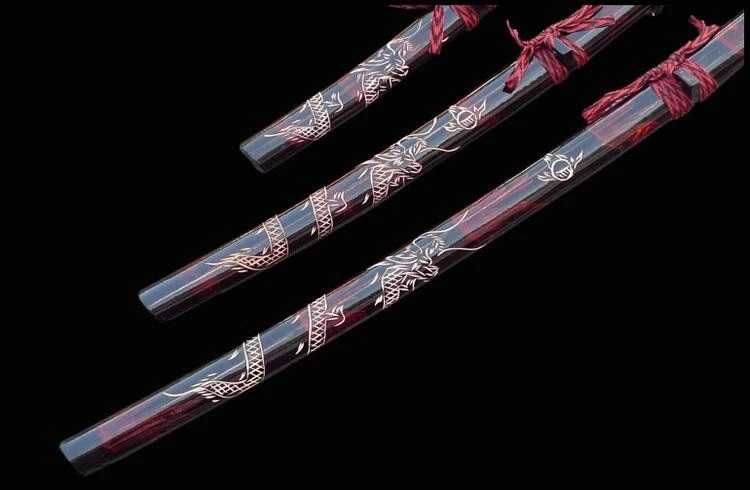 Катана Червен Дракон Комплект Заострени Дървени Кании Тройна поставка
