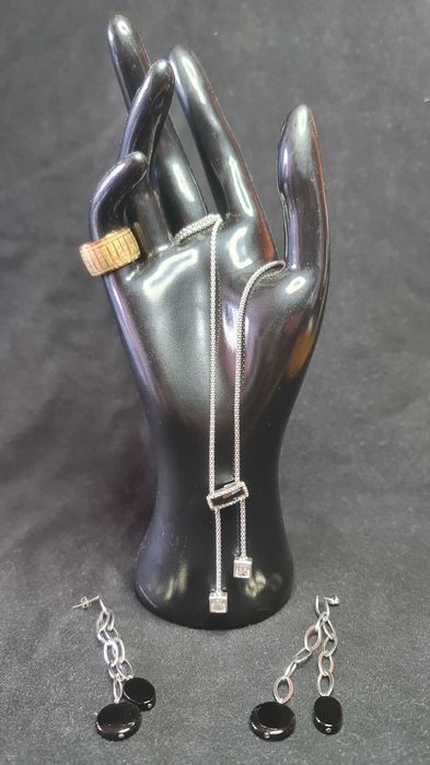 Дамски комплект, сребърно колие и обици, с камъни циркони и оникс 925