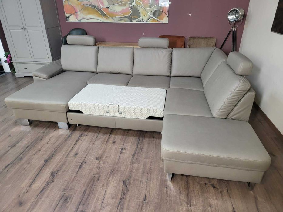 ПРОМОЦИЯ!!!Бежов П-образен ъглов диван от плат Sambia с функция сън