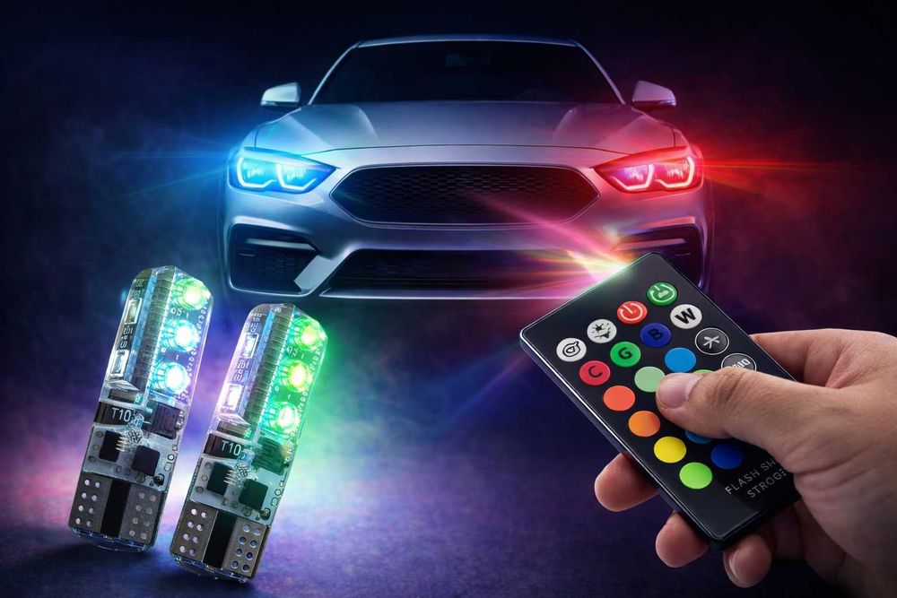 LED габаритни крушки т10 с дистанционно управление цветни
