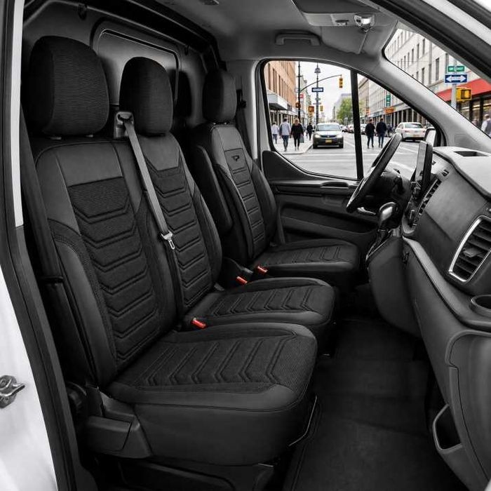 Луксозна тапицерия PANDA за Renault Trafic III / Opel Vivaro B 2014-2019 – еко кожа и текстил черно/сиво