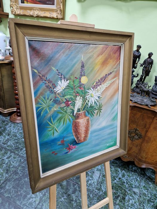 Стар голям антикварен френски натюрморт масло върху платно