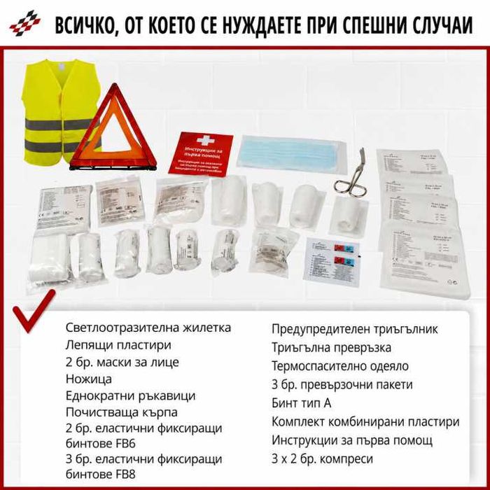 Автомобилна аптечка DIN 13164-2022 + светлоотразителна жилетка и авариен триъгълник – Европейски стандарт, покриващ новите изисквания в Гърция